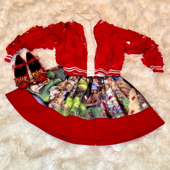 Girls Red Sequin Fish Scale Bomber jacket NWT - Picture 2 of 3